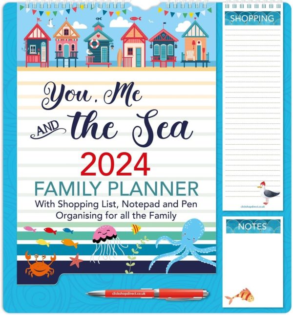 2024 Family Organiser Calendar Wall Planner with Memo Pad, Pen & Shopping List - You Me and The Sea - Monthly Five Columns