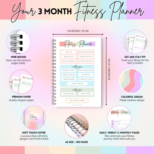 3 Month Fitness & Workout Planner for Women | Gym Journal, Weight Loss Tracker, Meal Planner, Self Care Habit Tracker - A5 Pastel Rainbow
