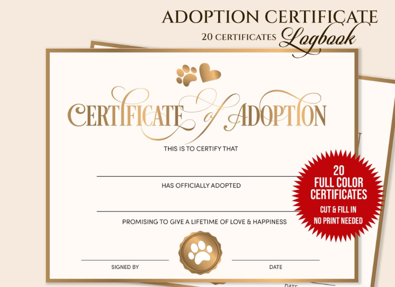 Adoption Certificate: Puppy Cat or Any Pet Adoption Certificates for Parties or for Breeders | Puppy Dog Adoption Certificates | Dog Party Favors and Supplies | 20 Certificates