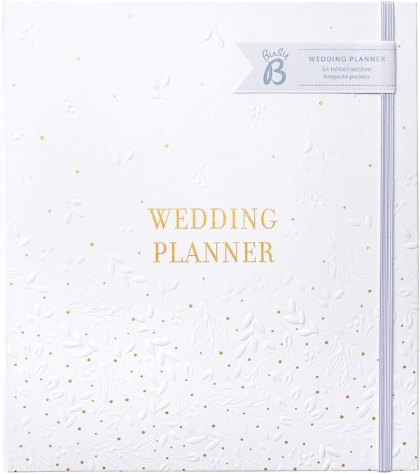 Busy B Wedding Planner - Beautiful white & gold spiral-bound wedding organiser with 6 tabbed sections and storage pockets. Perfect engagement gift.