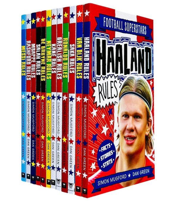 Football Superstars 12 Books Collection Rules Mega Pack Set By Simon Mugford & Dan Green(Fact,Stories & Starts)(Rolando, Neymar, Messi, Kane, Mbappé, Rashford, Haaland, Salah,...