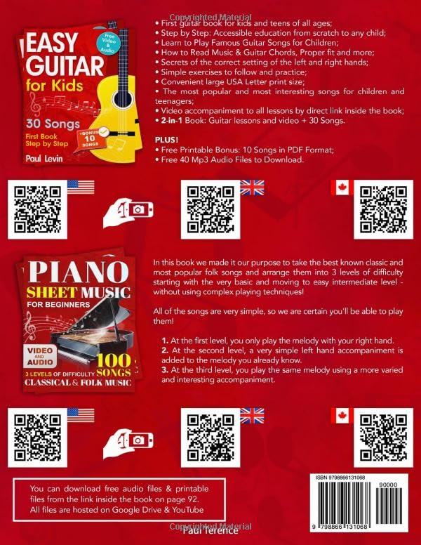 Piano Sheet Music for Kids (Book + Online Video How to Play + Online Audio Files): Beginner Piano Book for Children. Easy Piano Arrangements with 35 ... in 2 Levels of...