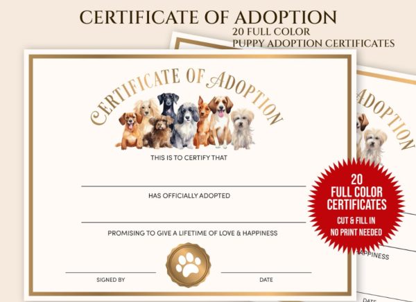 Puppy Adoption Certificate: 10 Full Color Premium Design Dog Adoption Certificate2 for Puppy Adoption Party