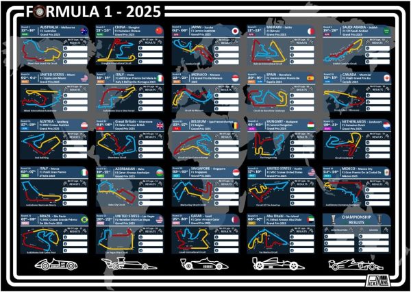 Pick A Lane Formula 1 Racing Schedule 2025 Wallchart (A2 Poster 42cm x 59.4cm) with details of all F1 races in the 2025 season calendar